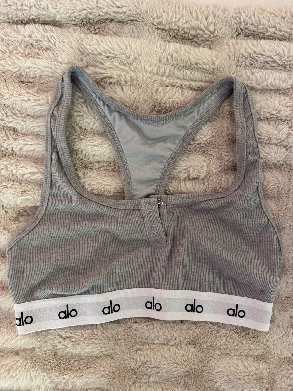 ALO Yoga Light Gray Ribbed Racerback Sports Bra with Logo Band
